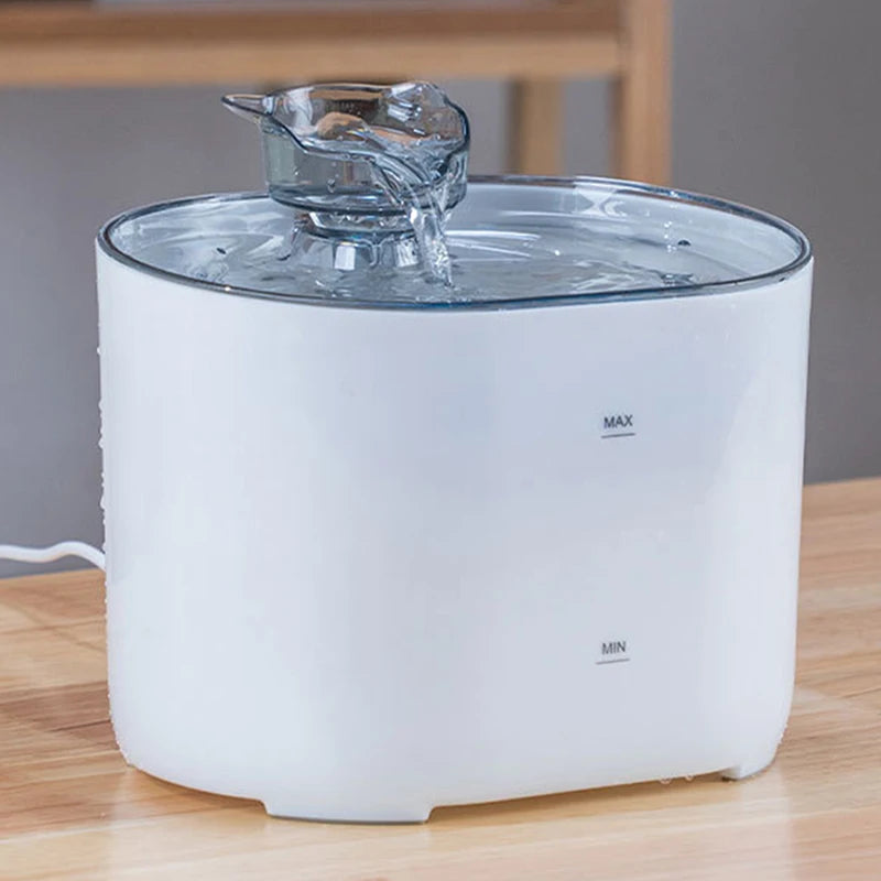 A white cat water fountain with a glass bowl and pump is shown on a wooden surface.