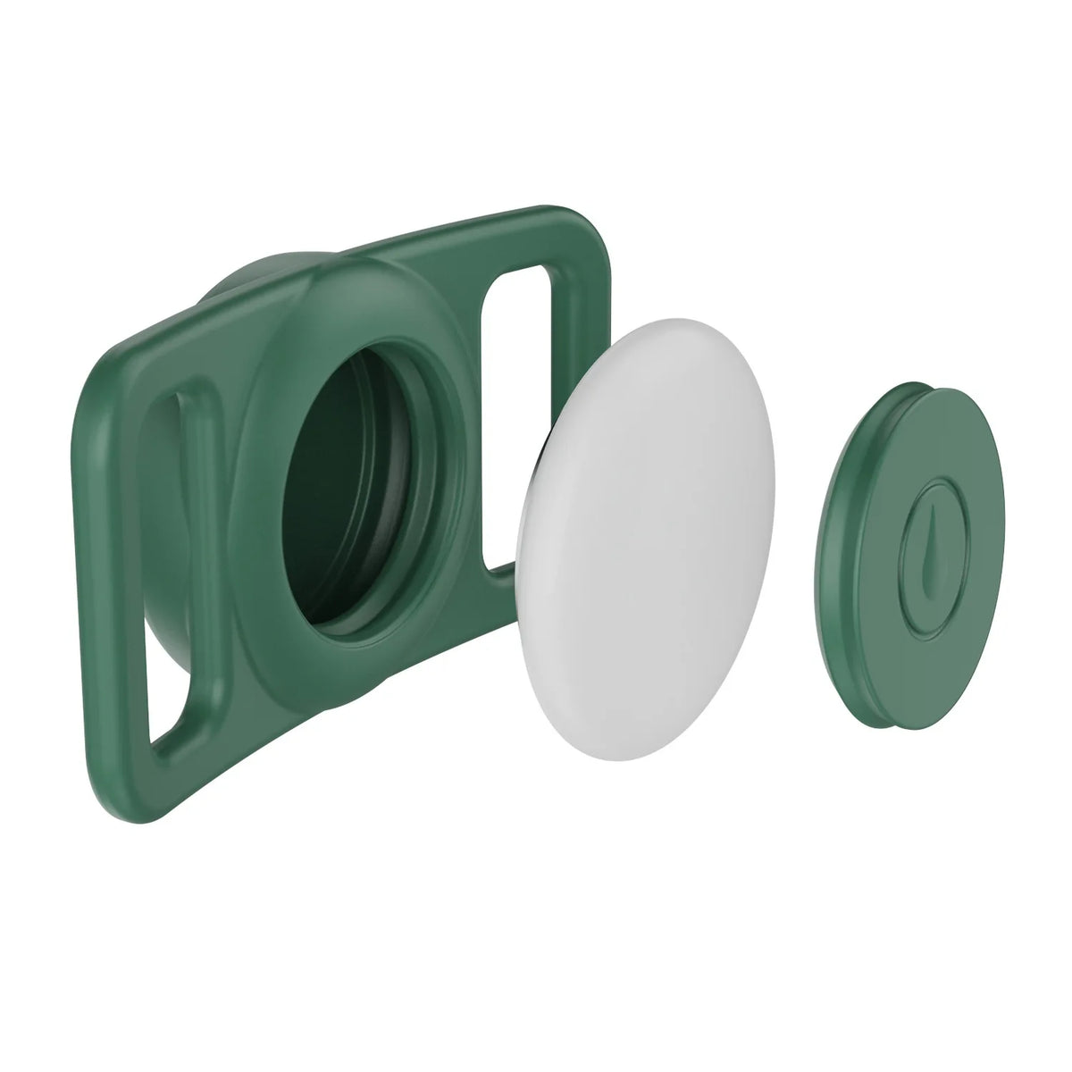 A silicone airtag holder with a green clip and a white circular piece.