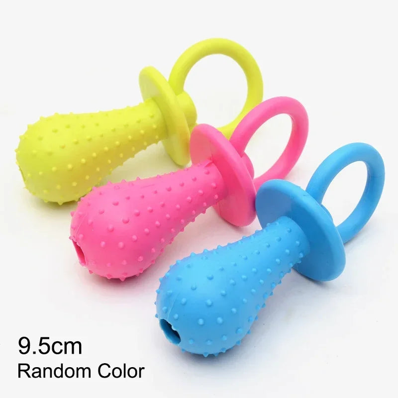 A set of five colorful squeaky chew toys for dogs, including yellow, pink, and blue options.