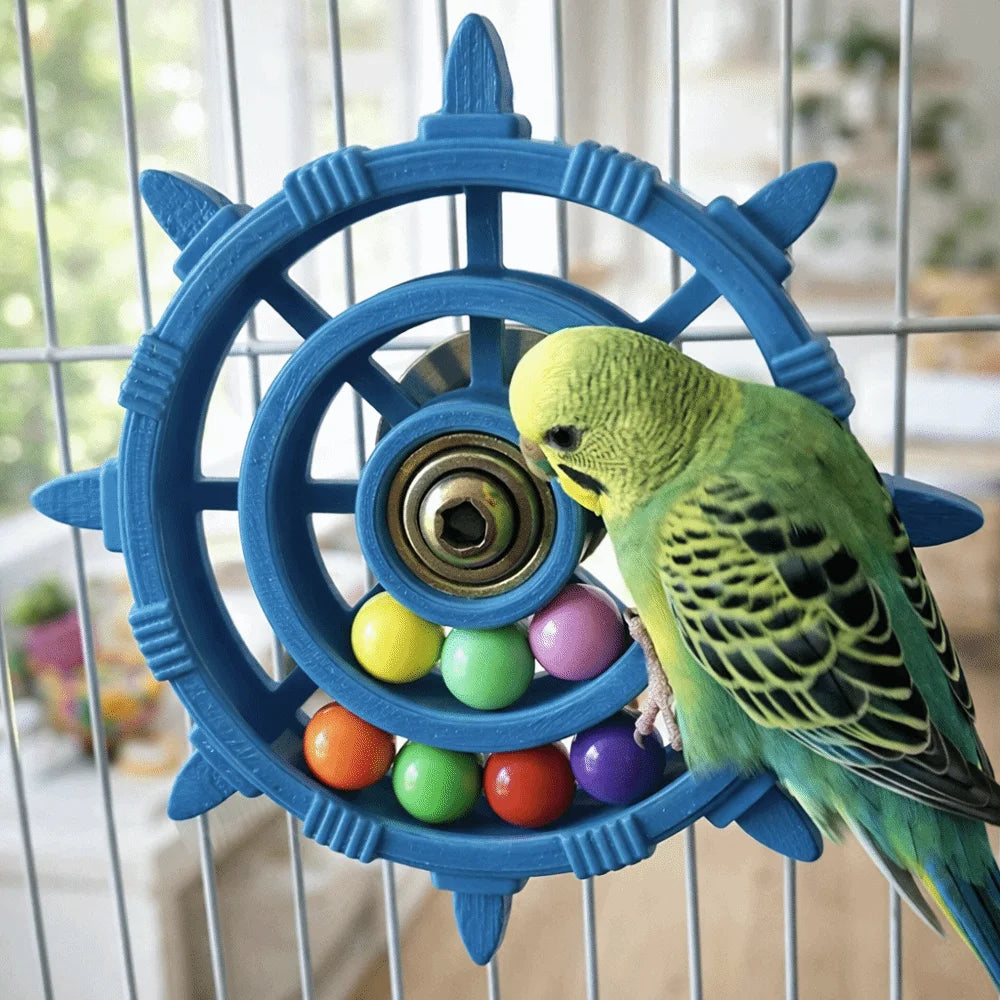 A green parrot is interacting with a blue wooden spinner rattle toy inside a cage.