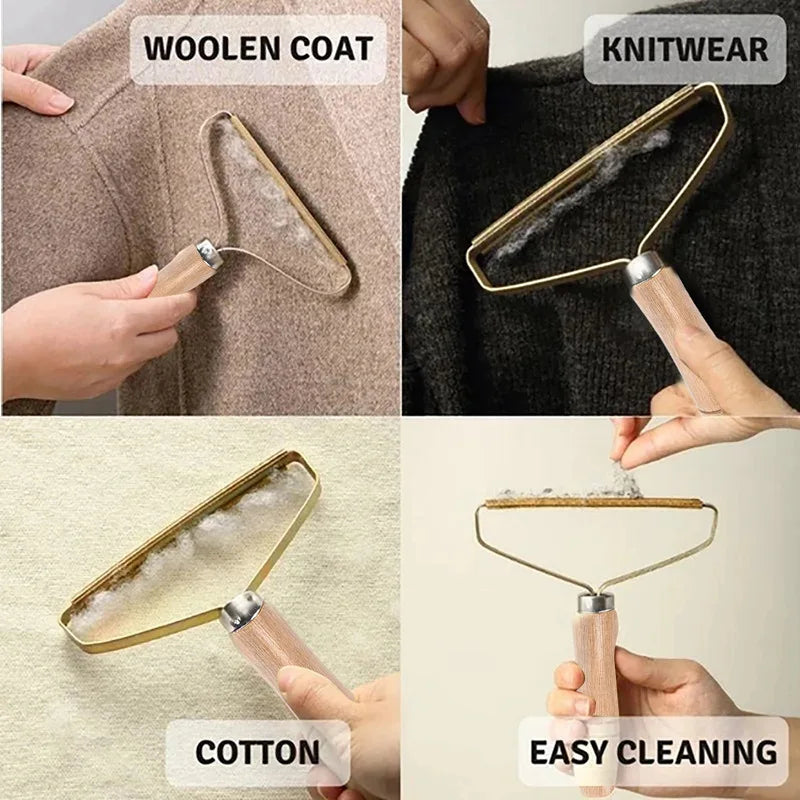 Close-up shots of a manual lint remover brush used on wool, knitwear, and cotton fabric for easy cleaning.