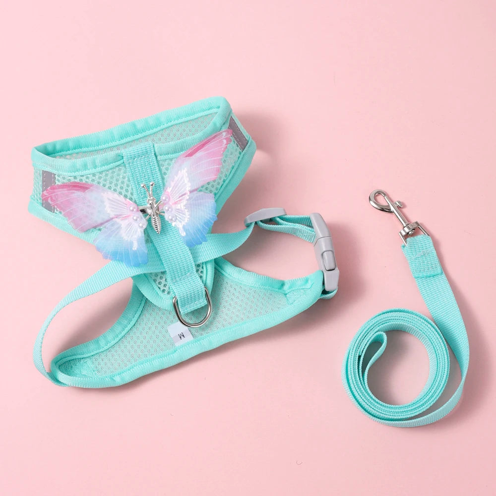 A light blue butterfly pet harness set for dogs and cats displayed on a pink background.