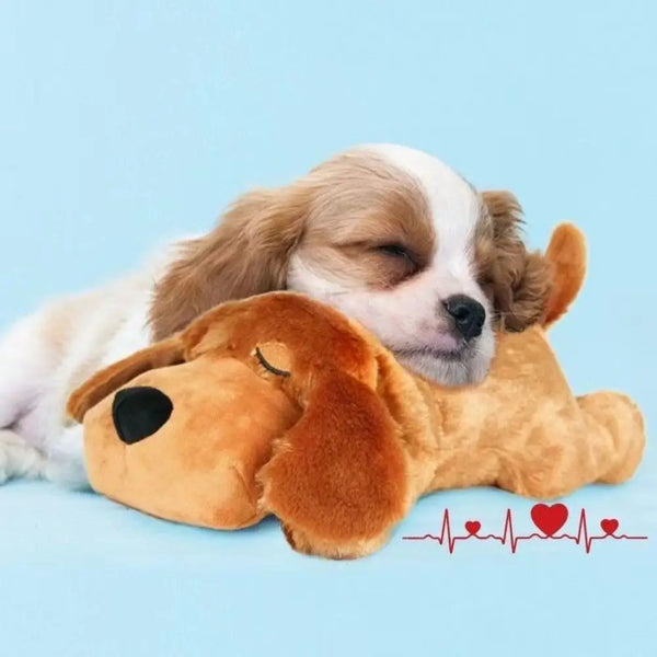 A soft, brown and white dog-shaped fidget toy with a visible heartbeat line on the surface.