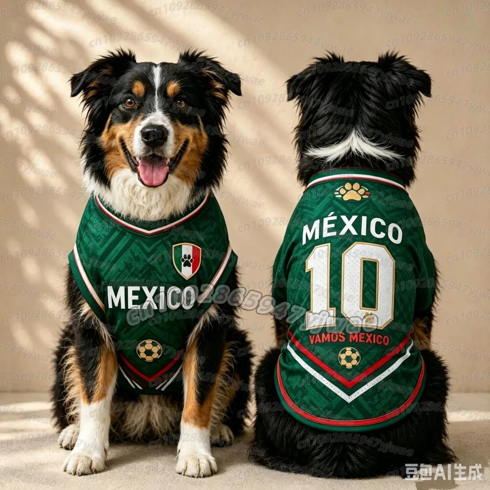 A black and brown dog wearing a green and white sports jersey with the number 10, standing outdoors.