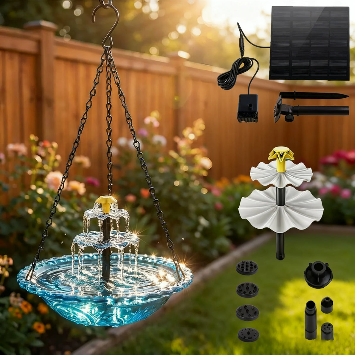 A solar-powered hanging bird bath fountain with a glass bowl and water spouts, suspended by a chain.
