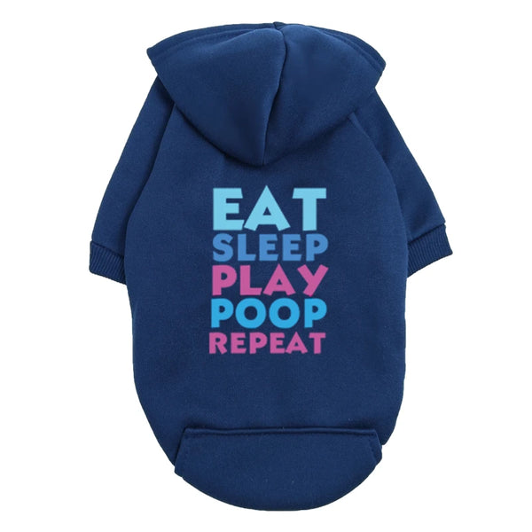A dark blue hoodie with pink text on the back that reads Eat Sleep Play Poop Repeat