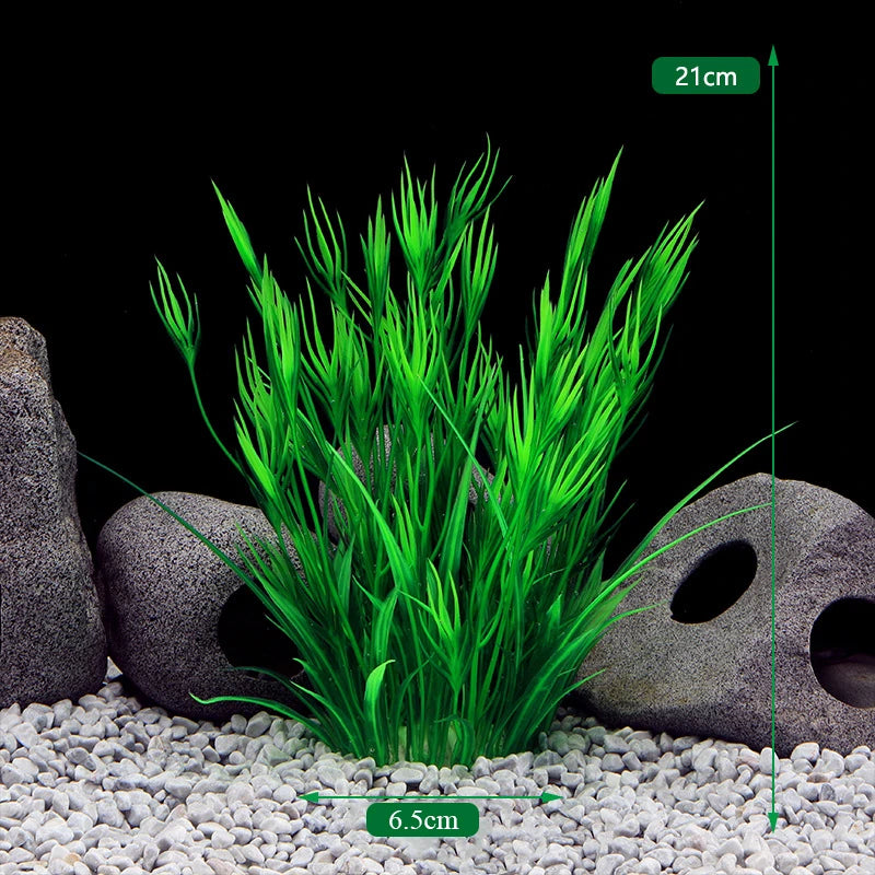 Un touffe de plantes aquatiques artificielles vert vif poussant dans un petit jardin de roches.