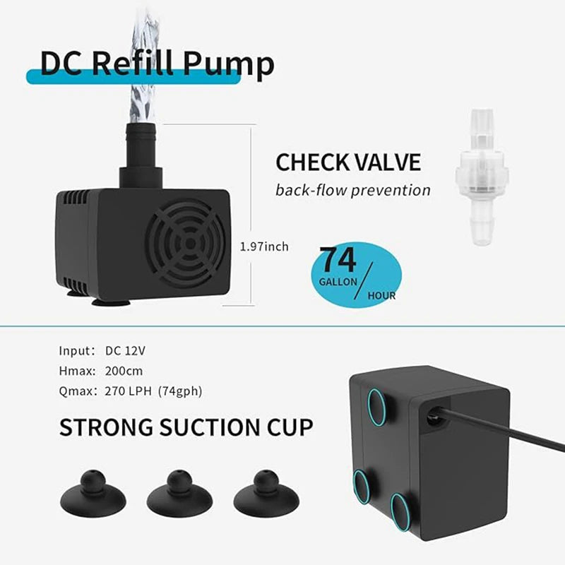 A DC Refill Pump is shown with a check valve and a strong suction cup, used for an automatic water level top-off system.