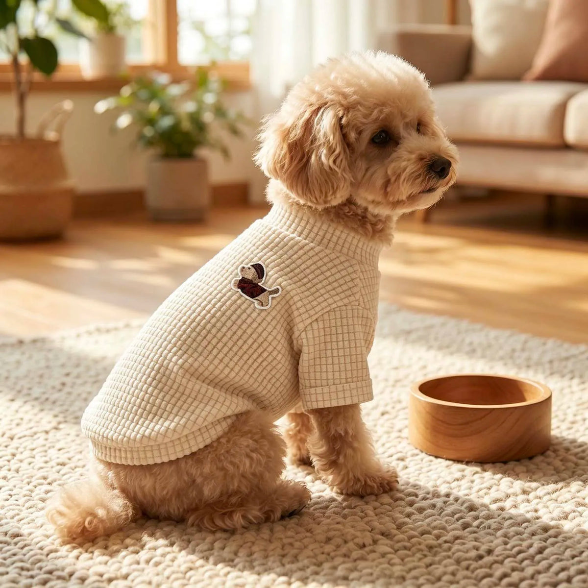 Suéter de waffle color beige claro para perro tipo caniche, sentado en una alfombra.
