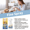A woman sprays a pet stain remover spray on a dog and cat indoors.