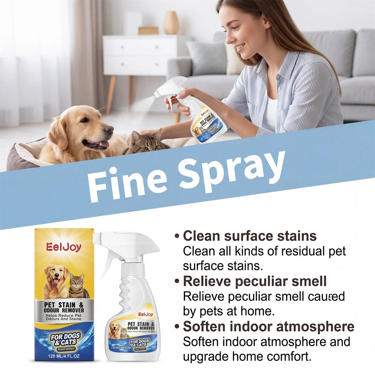 A woman sprays a pet stain remover spray on a dog and cat indoors.