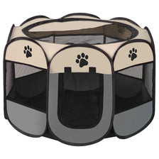 A portable octagonal pet cage for dogs and cats with a mesh enclosure and a solid base.