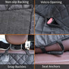 Close-up view of a black dog car seat cover showing non-slip backing, velcro opening, snap buckles, and seat anchors.