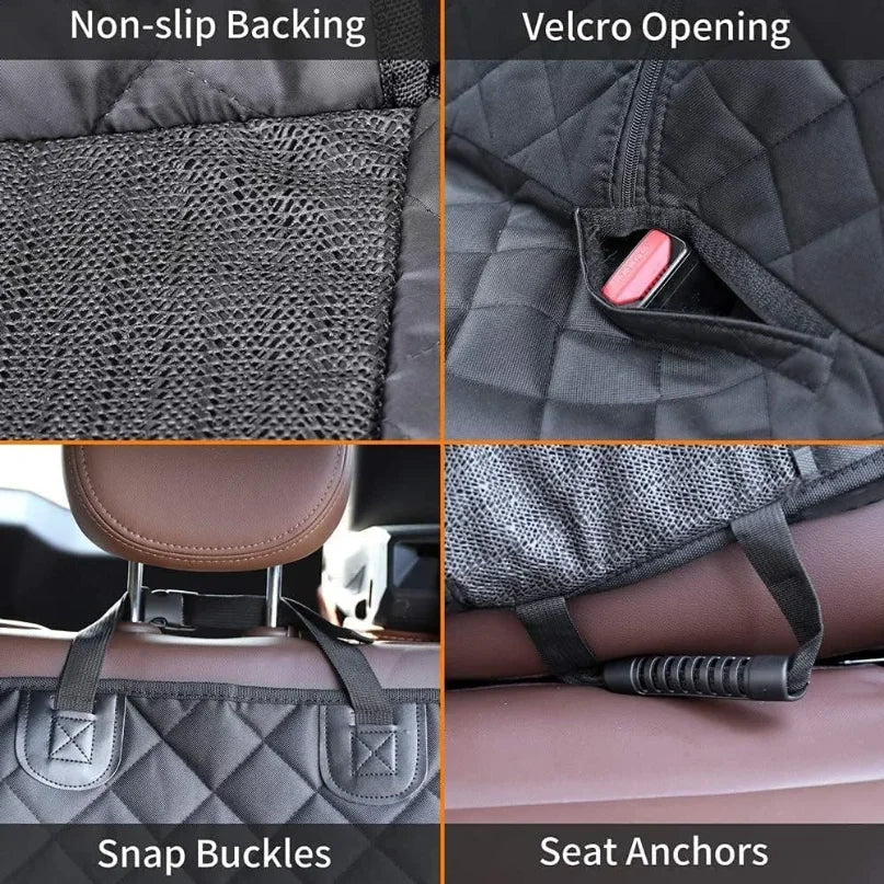 Close-up view of a black dog car seat cover showing non-slip backing, velcro opening, snap buckles, and seat anchors.