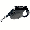 Black illuminated retractable dog leash with a reflective nylon cord.