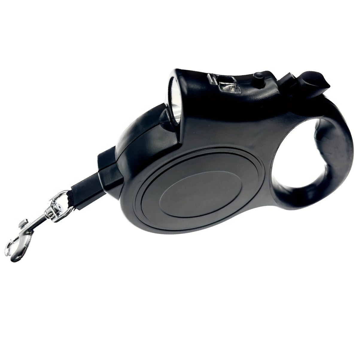 Black illuminated retractable dog leash with a reflective nylon cord.