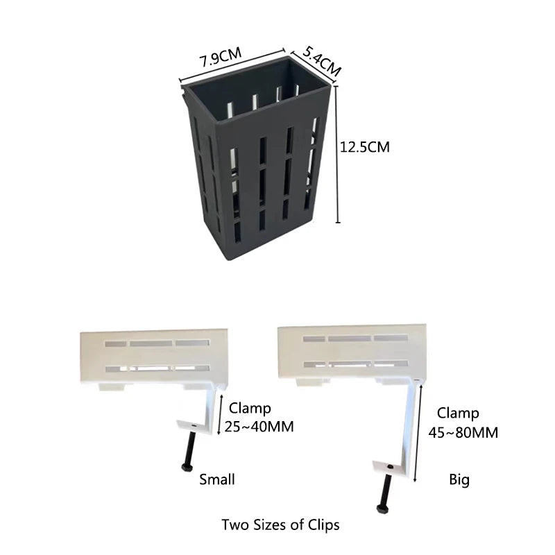 A black wall-mounted hydroponic plant basket with dimensions 7.9cm by 5.4cm and a clamp for mounting.