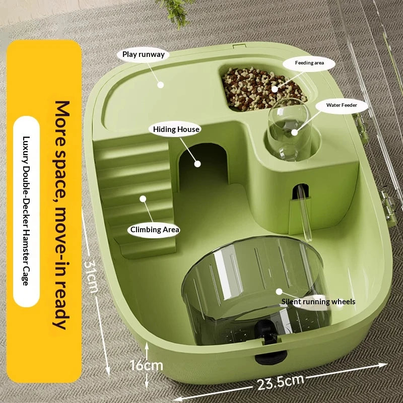 A green luxury double-decker hamster cage showing various features like a play runway, hiding house, and feeding area.