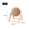A beige knitted ball toy with a sisal rope attached, supported by a light wooden base.