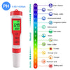 A digital pH meter with a color-coded scale showing various substances and their corresponding pH values.