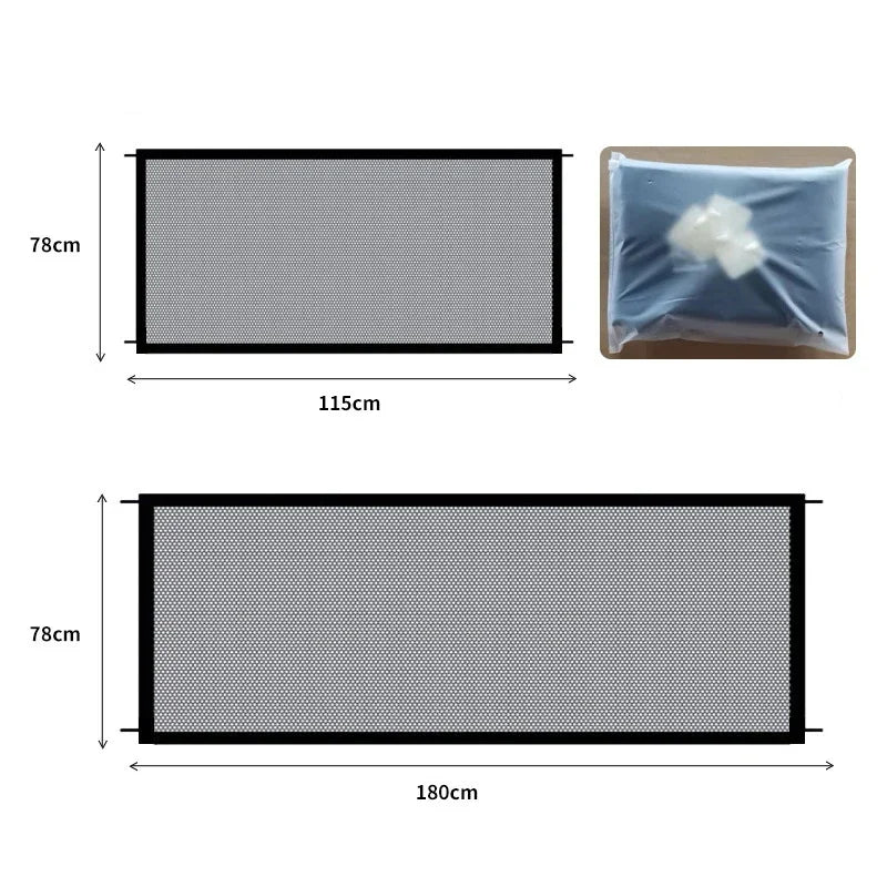 A rectangular pet safety climbing stairs and gate with a mesh surface, shown in two different sizes.