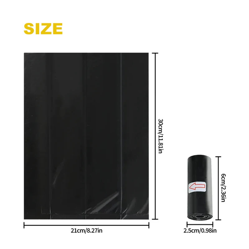 Black reusable pet poop bags shown with dimensions 21cm by 30cm.