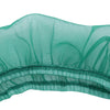 Close-up of a sheer teal nylon mesh seed guard for a bird cage