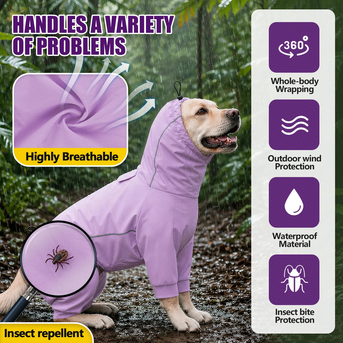 A light purple, breathable raincoat for a dog is shown outdoors, demonstrating its protection features.