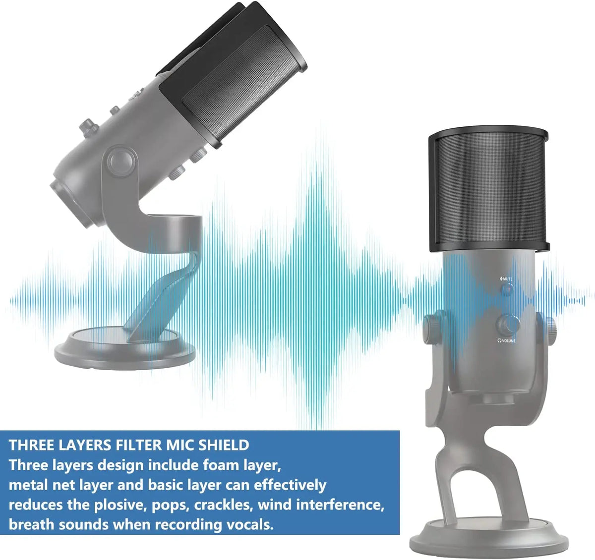 Professioneller Pop-Filter und Windschutz für Mikrofone in Grau, mit dreischichtiger Konstruktion