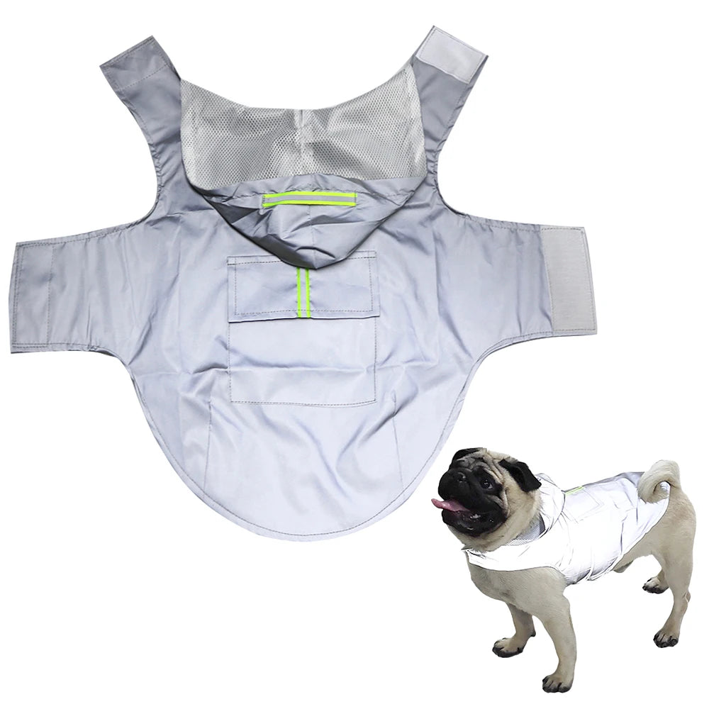 A light gray waterproof dog raincoat with a mesh collar and pockets shown next to a dog.