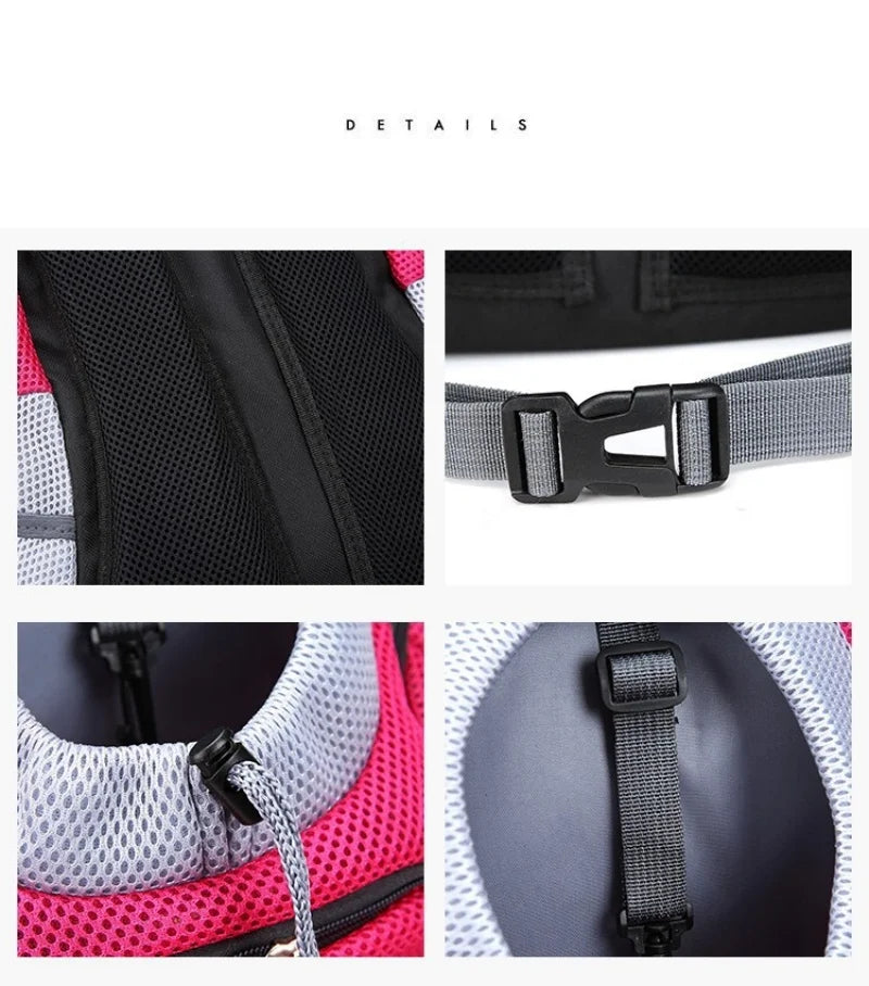 Close-up details of a black pet carrier backpack showing mesh fabric and adjustable straps.