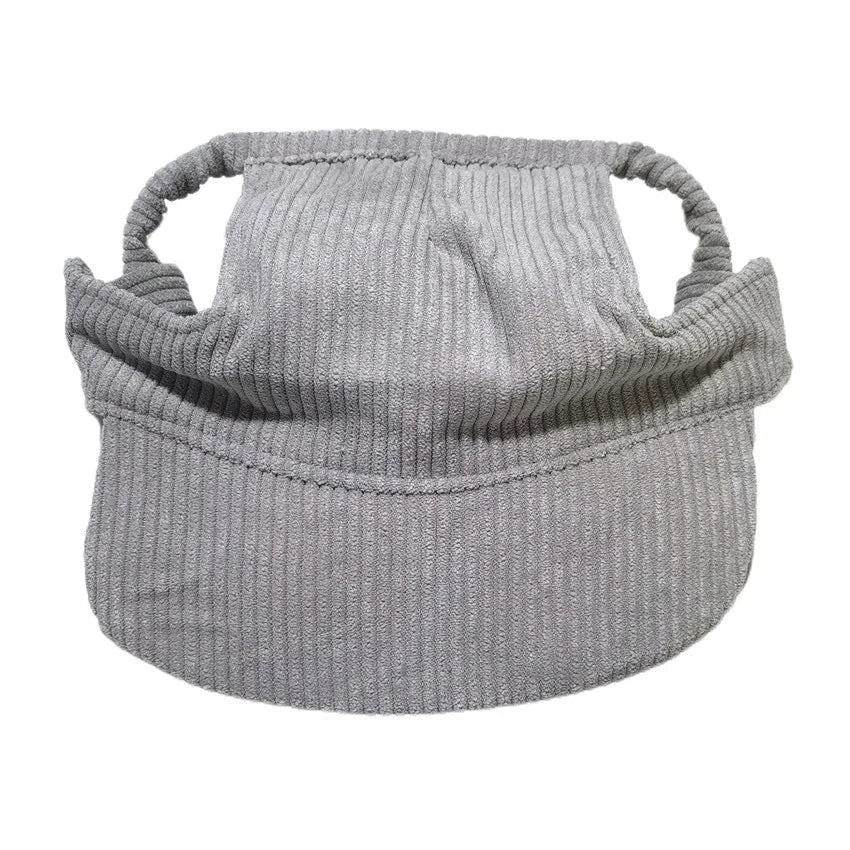 A gray knitted baseball cap designed for large dogs.