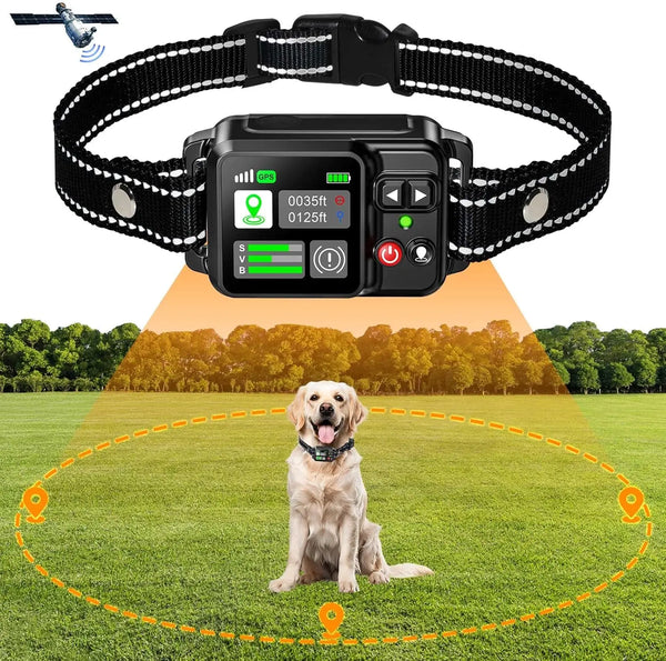 A black GPS wireless dog fence system is shown with a dog sitting in a grassy field.