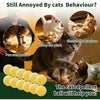A cat repellent ball is shown next to a cat and a damaged plant, suggesting it helps deter cats from furniture.