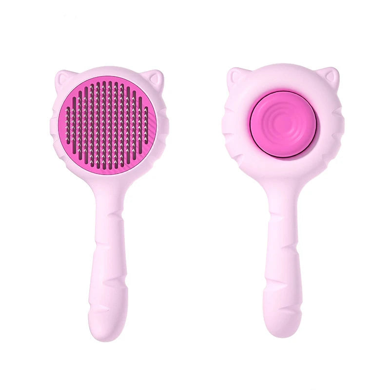 A pink pet deshedding brush for cats and dogs with a self-cleaning design, shown from the side.