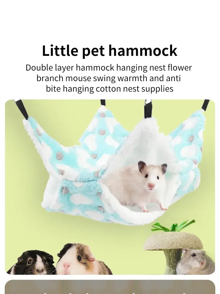 A double layer pet hammock made of cotton nest supplies is shown with small rodents resting inside.