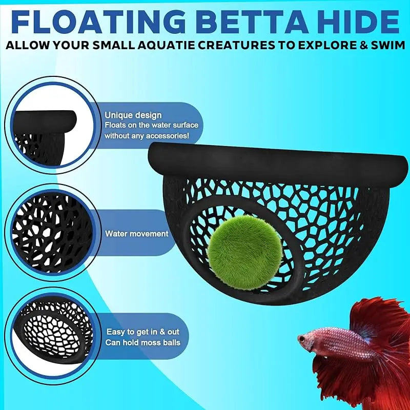 A black floating betta hide made of mesh allowing small aquatic creatures to explore and swim.