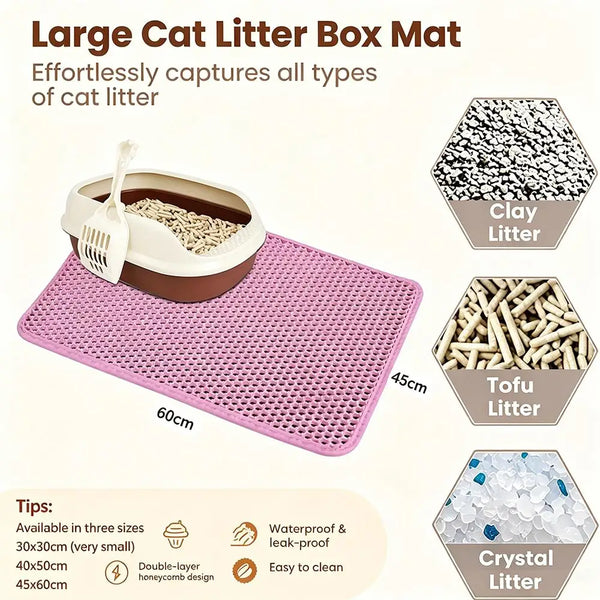 A pink litter box mat designed to capture cat litter, shown with various types of litter like clay, tofu, and crystal litter.