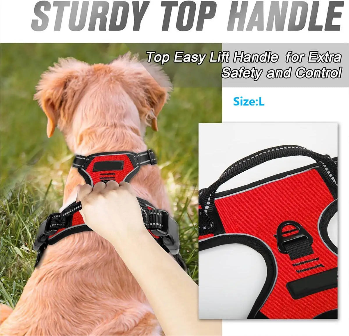 A close-up of a red dog harness with a sturdy top handle being held by a person, designed for easy lift and control.