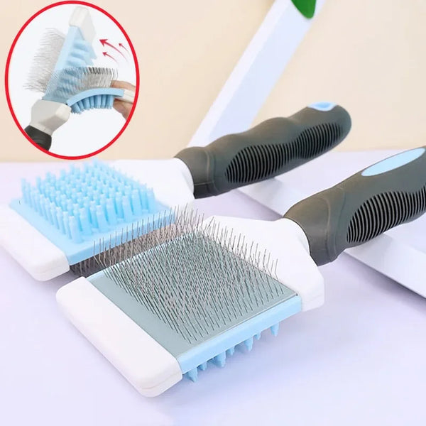 A white grooming comb with blue bristles and a dark handle is shown alongside an inset demonstrating the double-sided functio