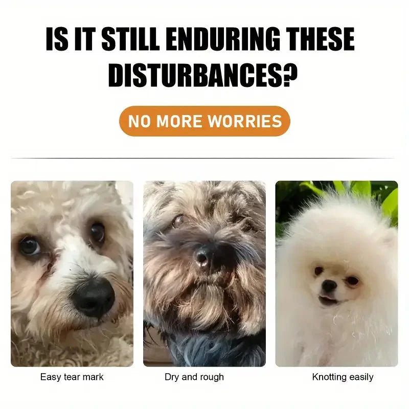 Tres perros mostrando diferentes condiciones del pelo: marca de rasgadura, pelaje seco y áspero, y pelo fácilmente enmarañado