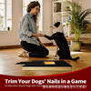 A woman is gently trimming a dog's nails on a wooden scratch board with a dog nearby.