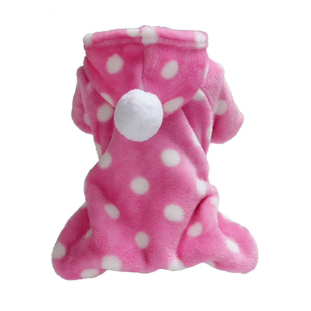 Ropa para perros de franela rosa con lunares blancos y un pompón blanco