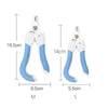 Stainless steel pet nail clippers in blue and white for dogs and cats, showing size comparison.