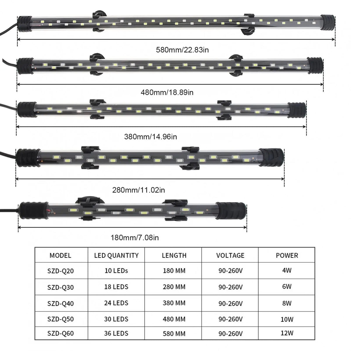 A series of waterproof LED aquarium light kits showing various lengths and wattages.