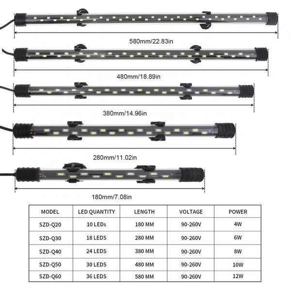 A series of waterproof LED aquarium light kits showing various lengths and wattages.