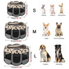A set of three folding octagonal pet cages in sizes S, M, and L, showing various dog breeds.