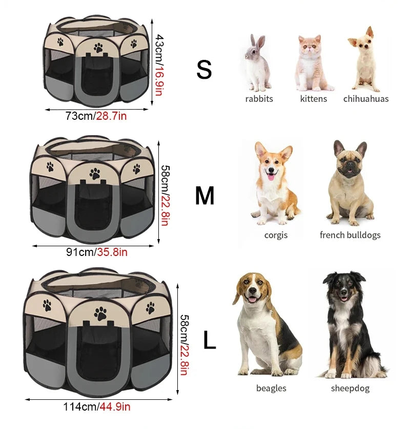 A set of three folding octagonal pet cages in sizes S, M, and L, showing various dog breeds.