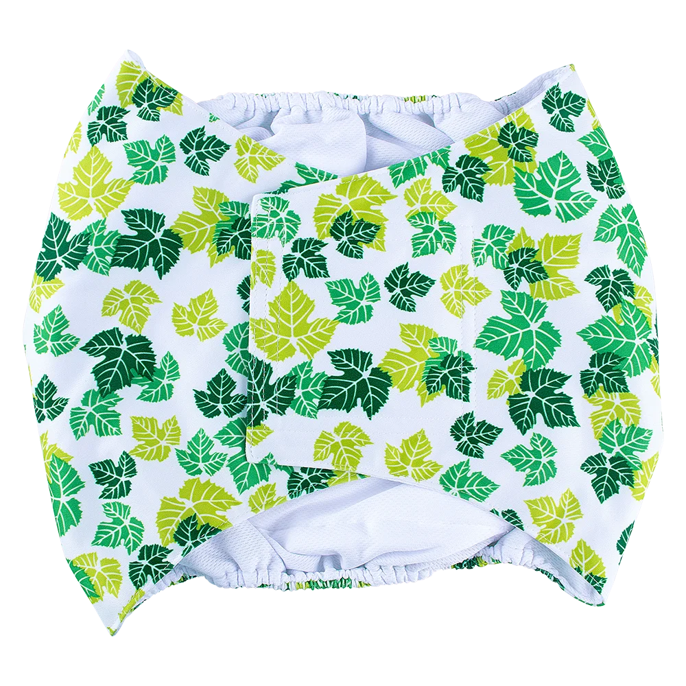 A white belly band for male dogs featuring a green leaf pattern.