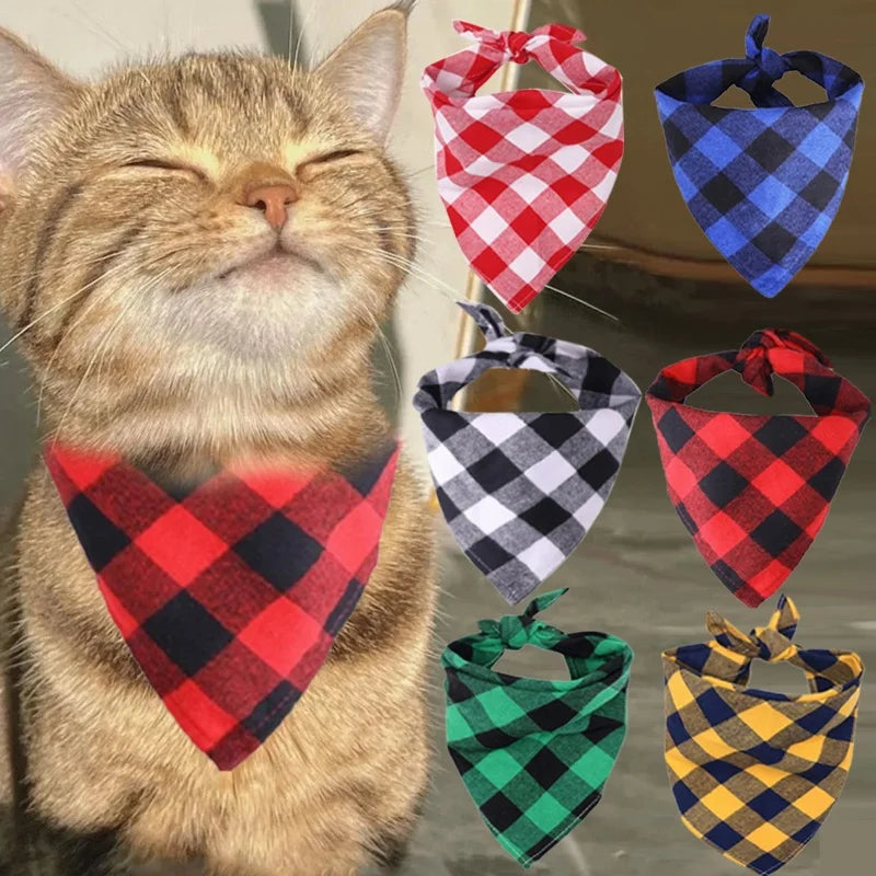 A tabby cat wearing a red plaid bandana, surrounded by various patterned fabric neck scarves.